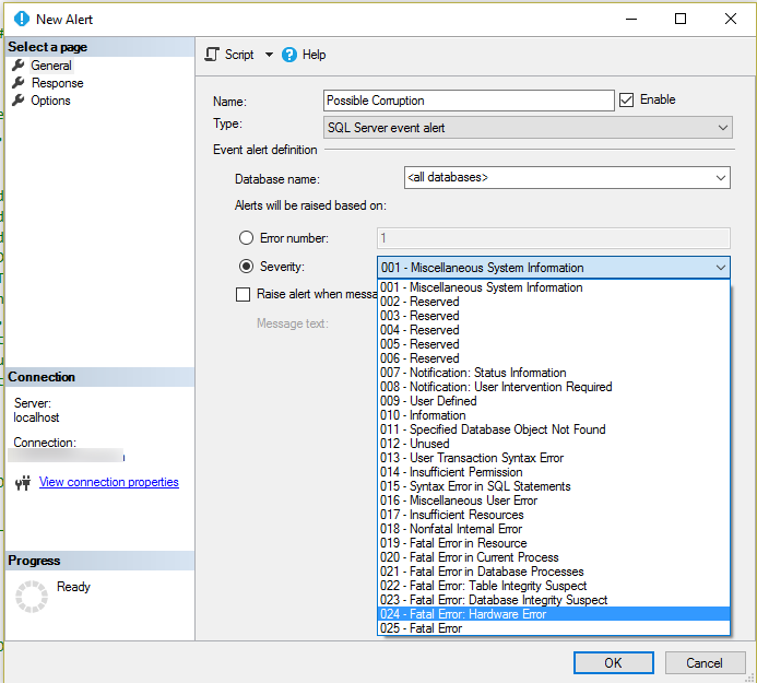 Creating an alert in SQL Server Agent